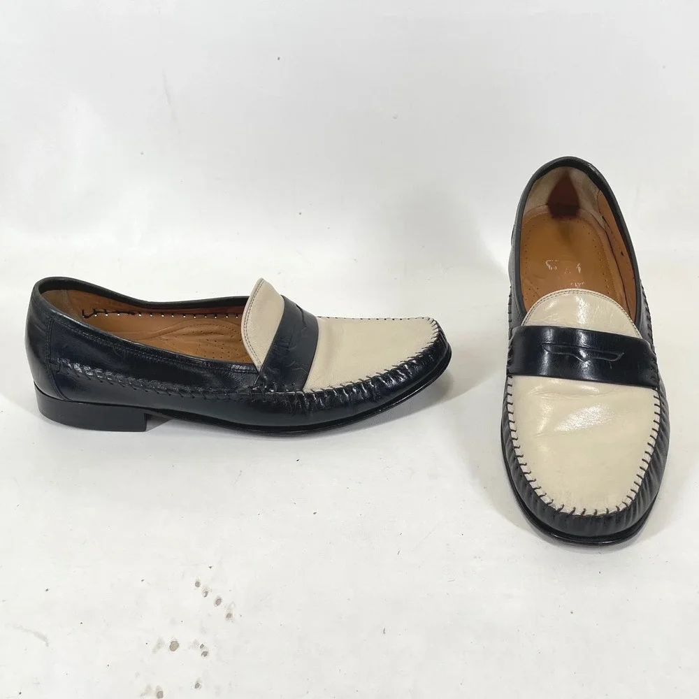 Florsheim Mens Two Tone Penny Loafers Black Cream Leather Whipstitch 10.5 EEE